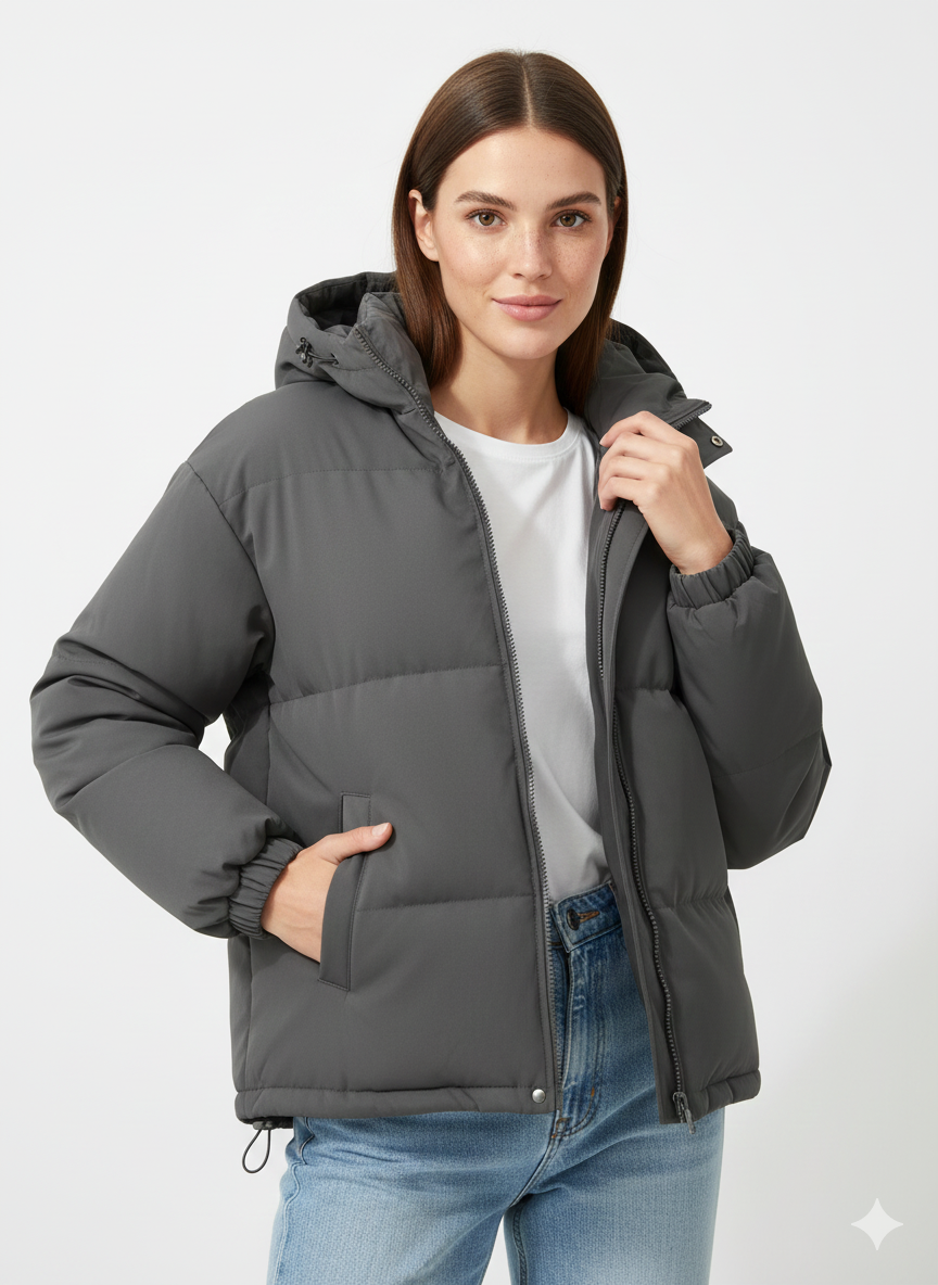 SUENTA Flora - Damen Gesteppte Jacke Mit Feste Kapuze Großzügig Gepolstert Gerader Schnitt Dunkelgrau