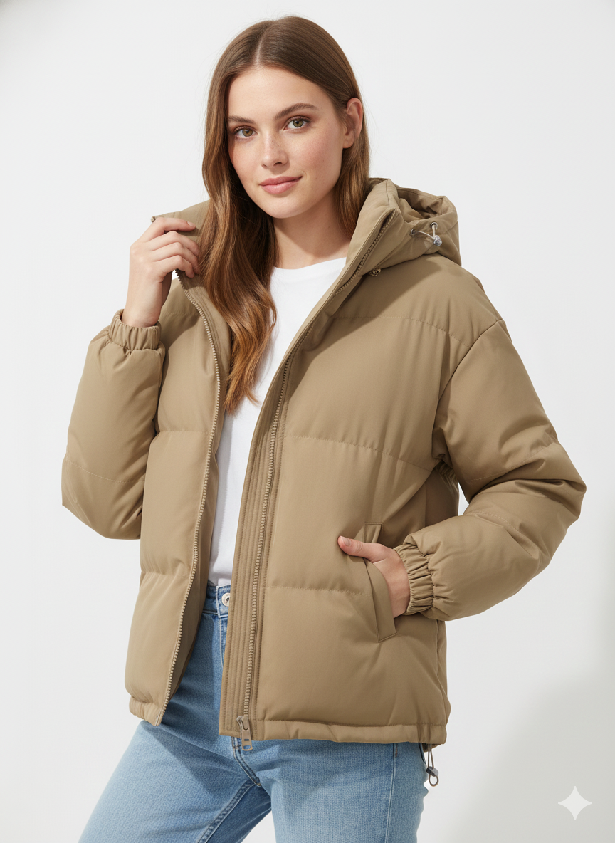 SUENTA Flora - Damen Gesteppte Jacke Mit Feste Kapuze Großzügig Gepolstert Gerader Schnitt Beige