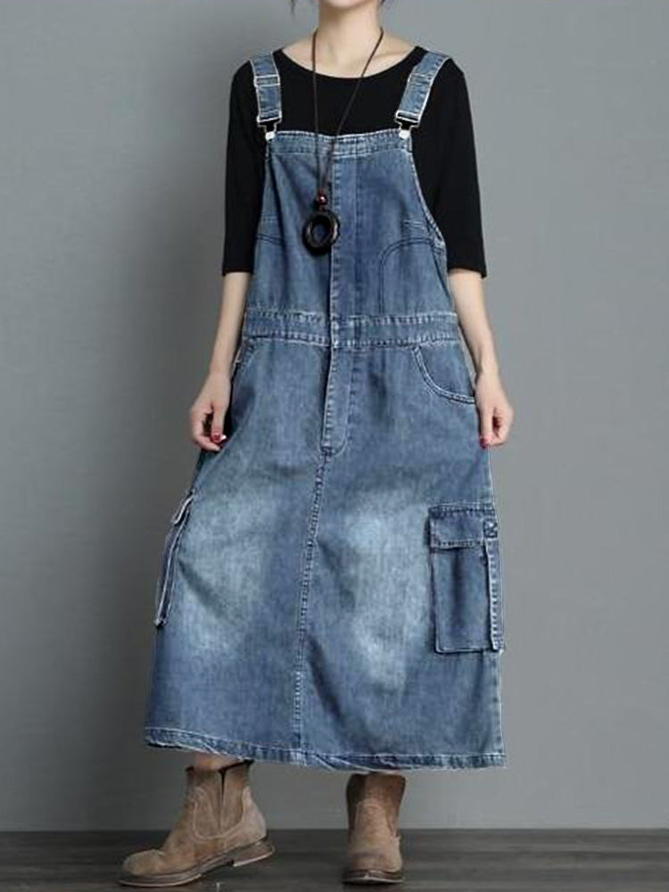 SUENTA Damen Jeans-Overallkleid Locker Geschnittenes Denim Vintage-Charme Hellblau