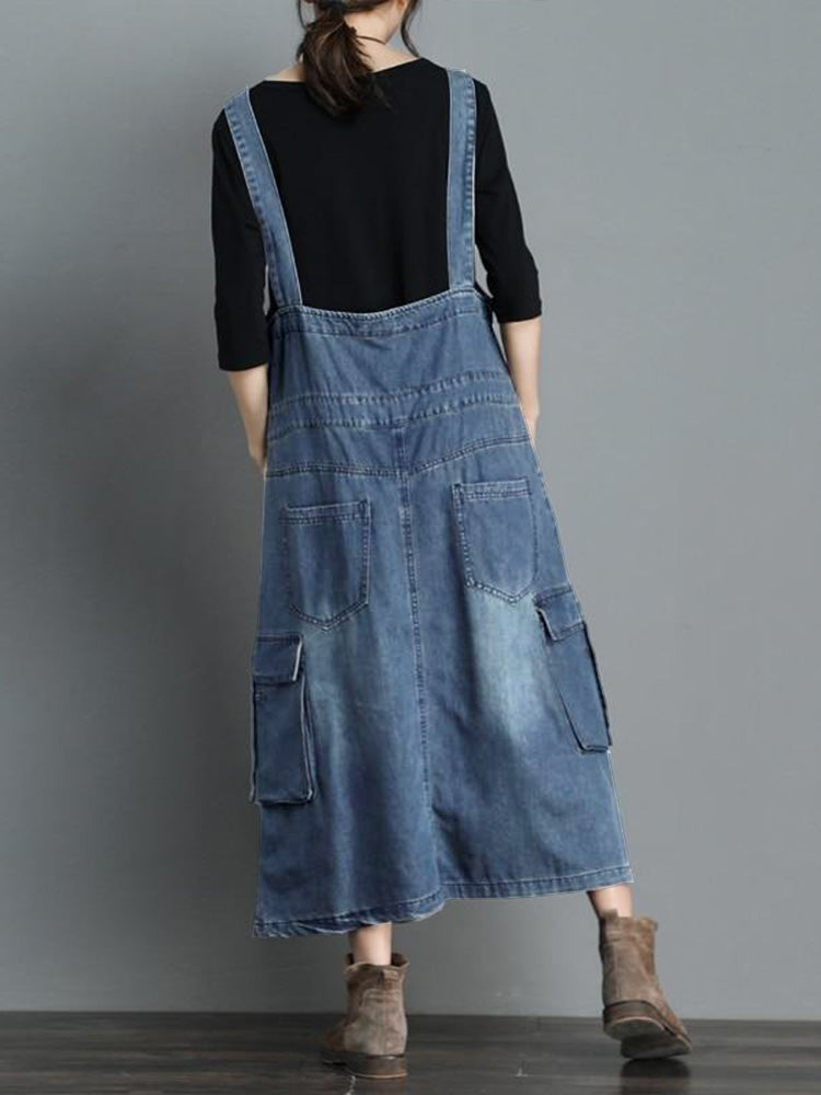 SUENTA Damen Jeans-Overallkleid Locker Geschnittenes Denim Vintage-Charme