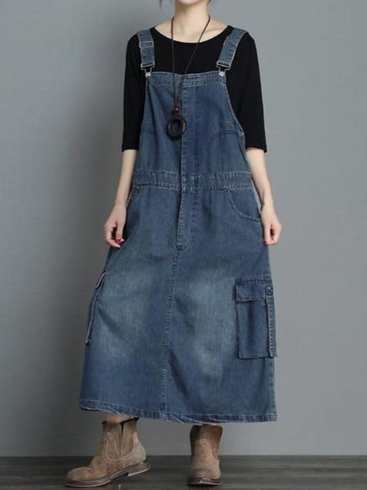 SUENTA Damen Jeans-Overallkleid Locker Geschnittenes Denim Vintage-Charme Dunkelblau