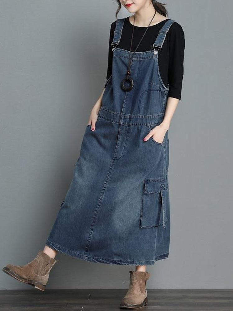 SUENTA Damen Jeans-Overallkleid Locker Geschnittenes Denim Vintage-Charme