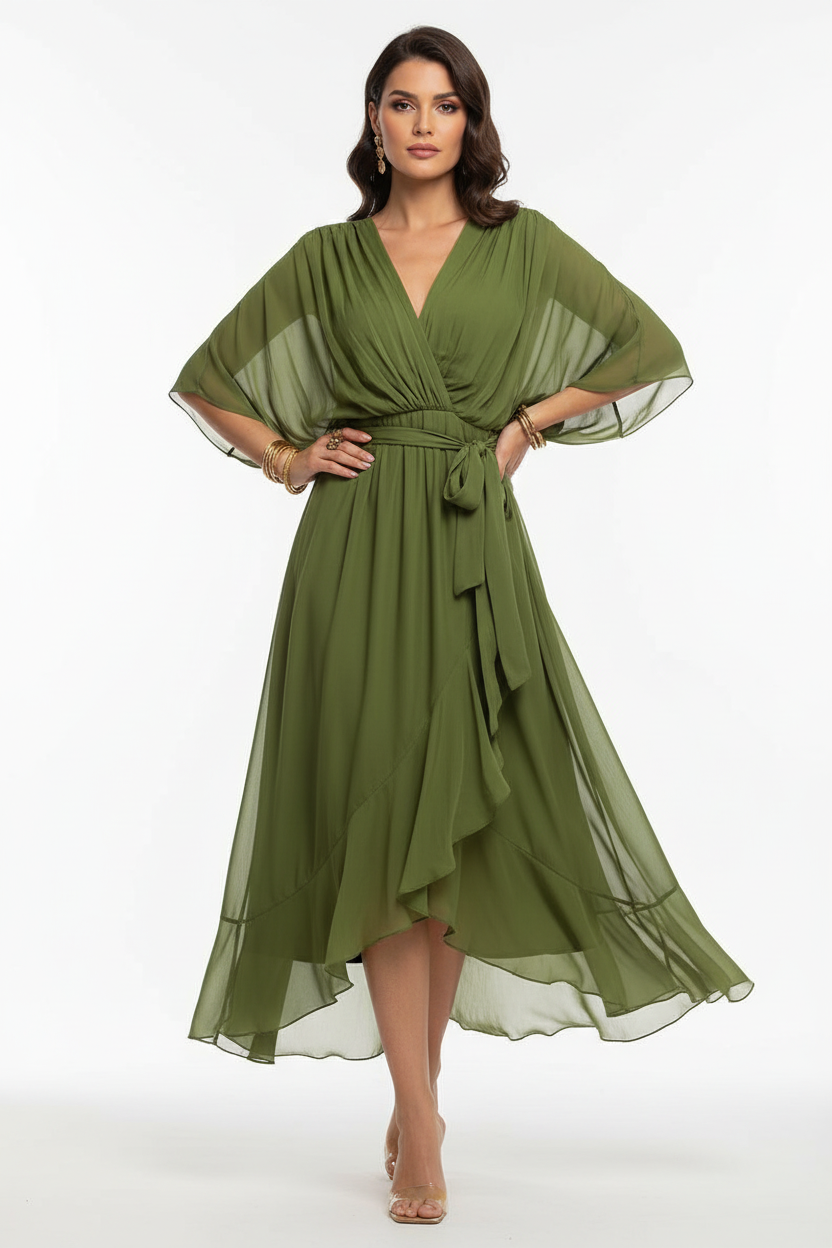 SUENTA Damen Elegantes, Fließendes Luxus-Chiffonkleid Fließender Schnitt Betont Figur