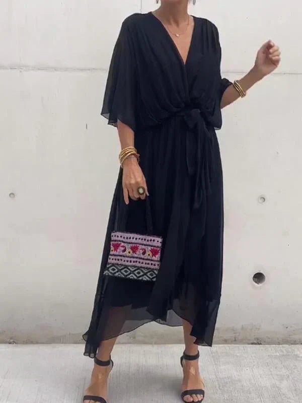 SUENTA Damen Elegantes, Fließendes Luxus-Chiffonkleid Fließender Schnitt Betont Figur Schwarz