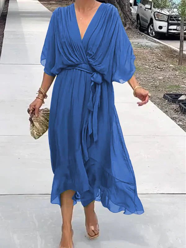 SUENTA Damen Elegantes, Fließendes Luxus-Chiffonkleid Fließender Schnitt Betont Figur Blau