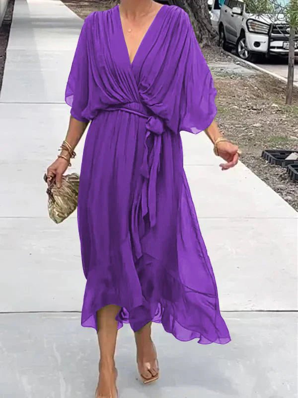SUENTA Damen Elegantes, Fließendes Luxus-Chiffonkleid Fließender Schnitt Betont Figur Lila