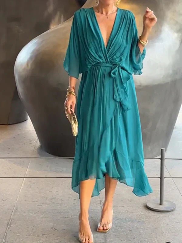 SUENTA Damen Elegantes, Fließendes Luxus-Chiffonkleid Fließender Schnitt Betont Figur Marineblau
