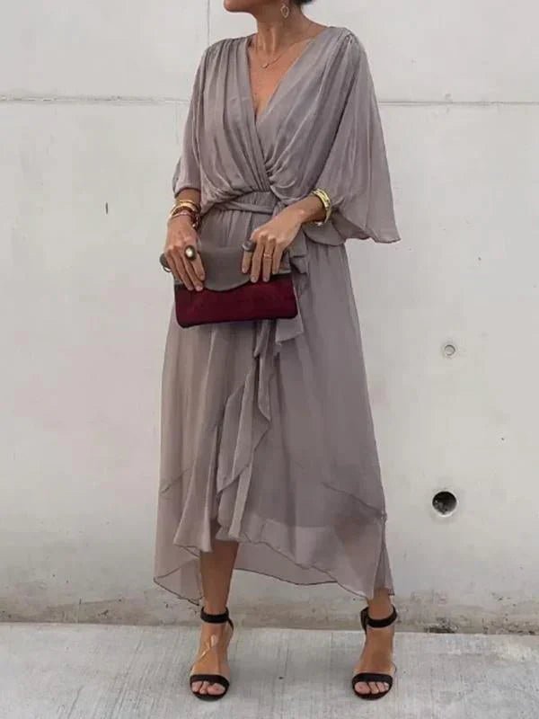 SUENTA Damen Elegantes, Fließendes Luxus-Chiffonkleid Fließender Schnitt Betont Figur Grau