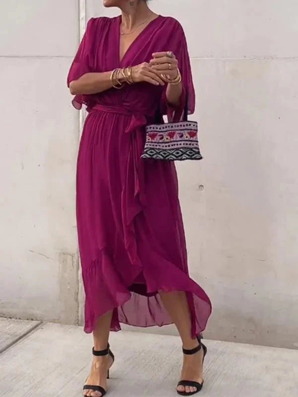 SUENTA Damen Elegantes, Fließendes Luxus-Chiffonkleid Fließender Schnitt Betont Figur Dunkelviolett