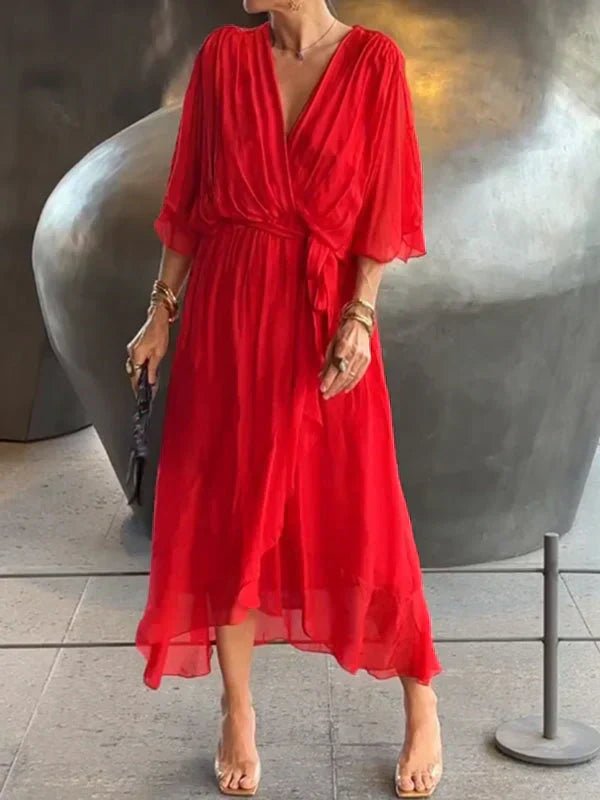 SUENTA Damen Elegantes, Fließendes Luxus-Chiffonkleid Fließender Schnitt Betont Figur Rot