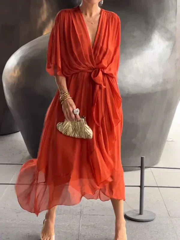 SUENTA Damen Elegantes, Fließendes Luxus-Chiffonkleid Fließender Schnitt Betont Figur Orange
