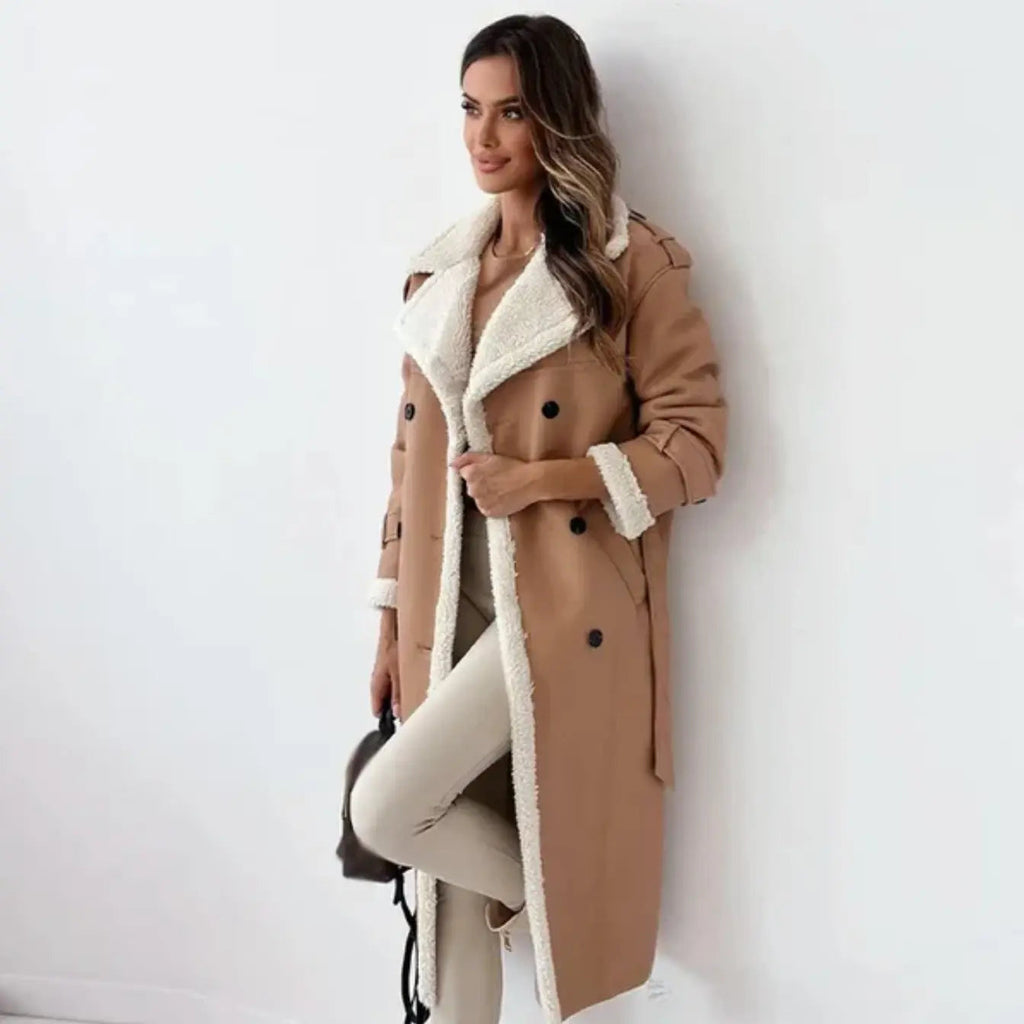 SUENTA Damen Winterjacke – Klassische Länge mit Fleece & Teddykragen Khaki