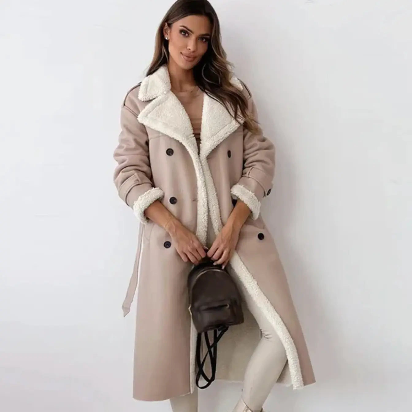 SUENTA Damen Winterjacke – Klassische Länge mit Fleece & Teddykragen Aprikose