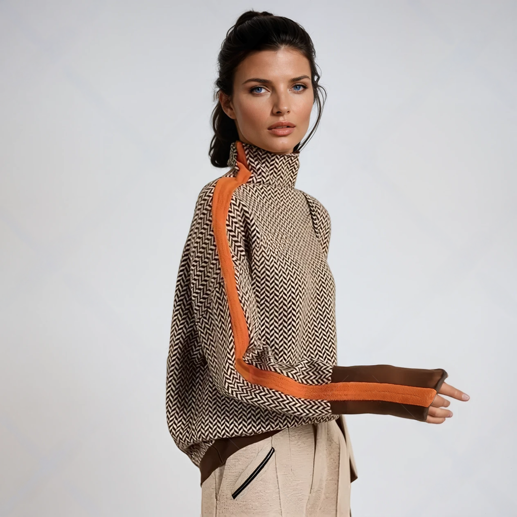 SUENTA Damen Gestreifter Rollkragenpullover Weicher Stoff Streifenlook Orange
