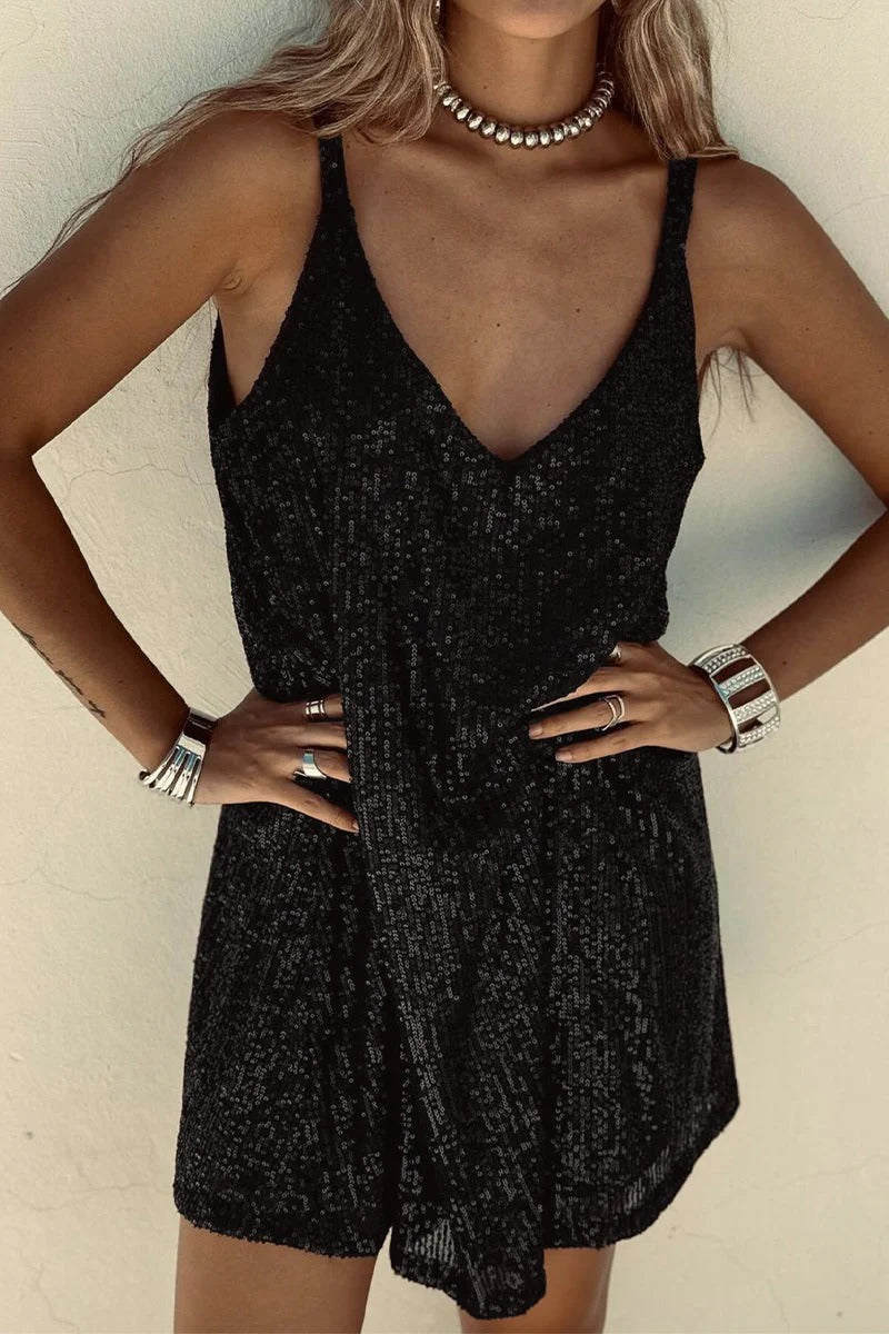 SUENTA Damen Pailletten-Minikleid mit V-Ausschnitt am Rücken Schwarz