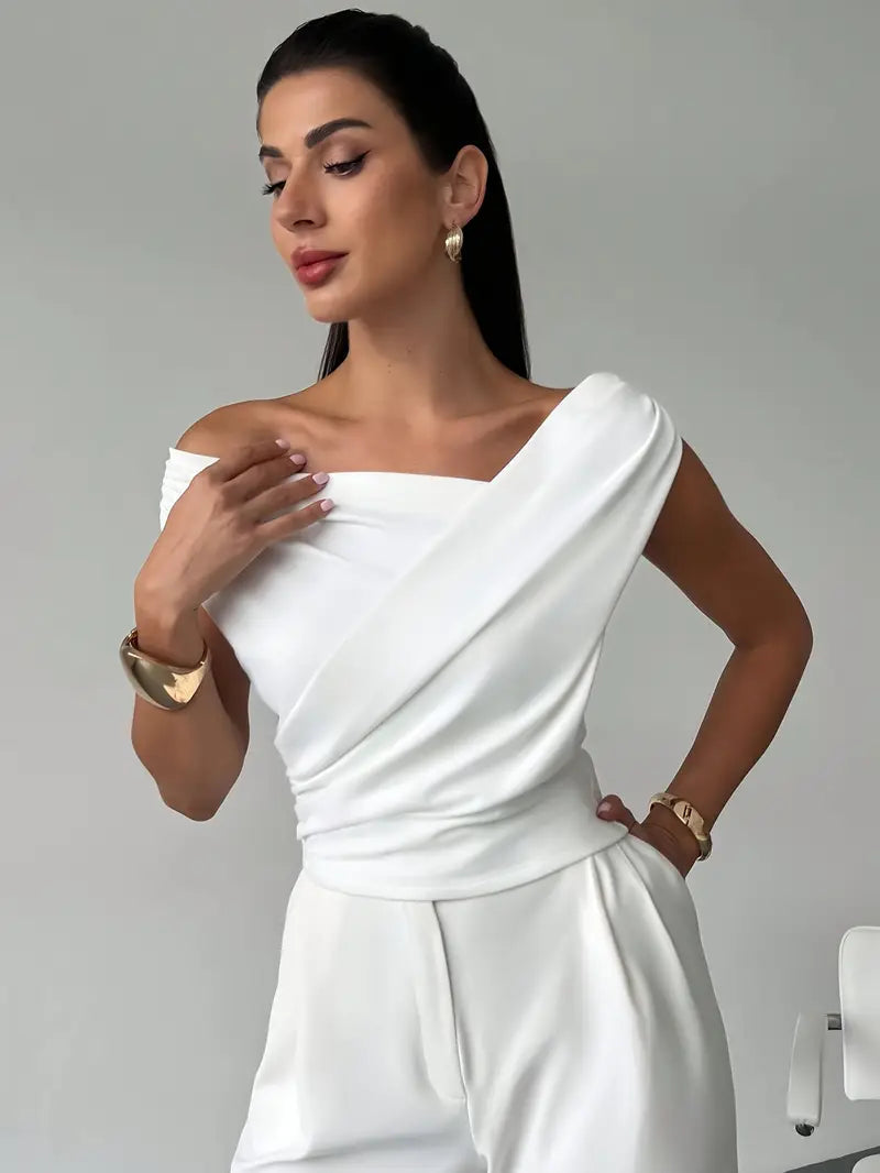 SUENTA Damen Rundhals-Top Kreuzdetail – Elegante Faltenlegung