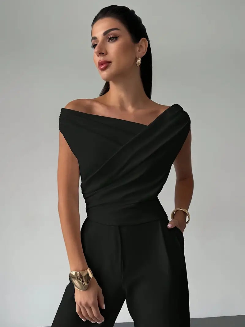SUENTA Damen Rundhals-Top Kreuzdetail – Elegante Faltenlegung Schwarz