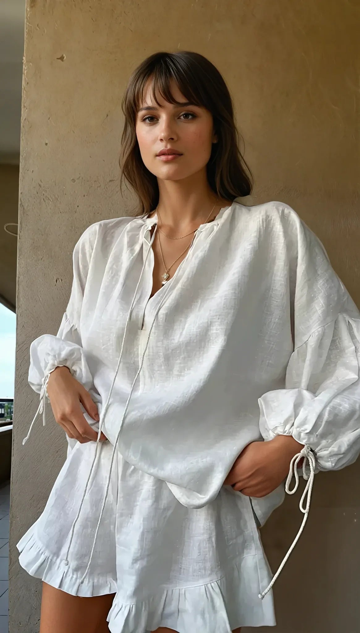 SUENTA Damen Zweiteiler Bluse Verstellbaren Ärmeln Zum Binden Und Shorts Rüschensaum