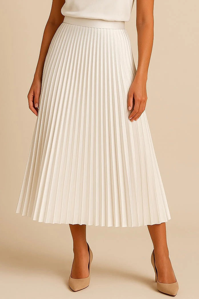 SUENTA Damen Midirock Plissierte Satinrock Alltagsoutfit Zeitlose Eleganz Weiß