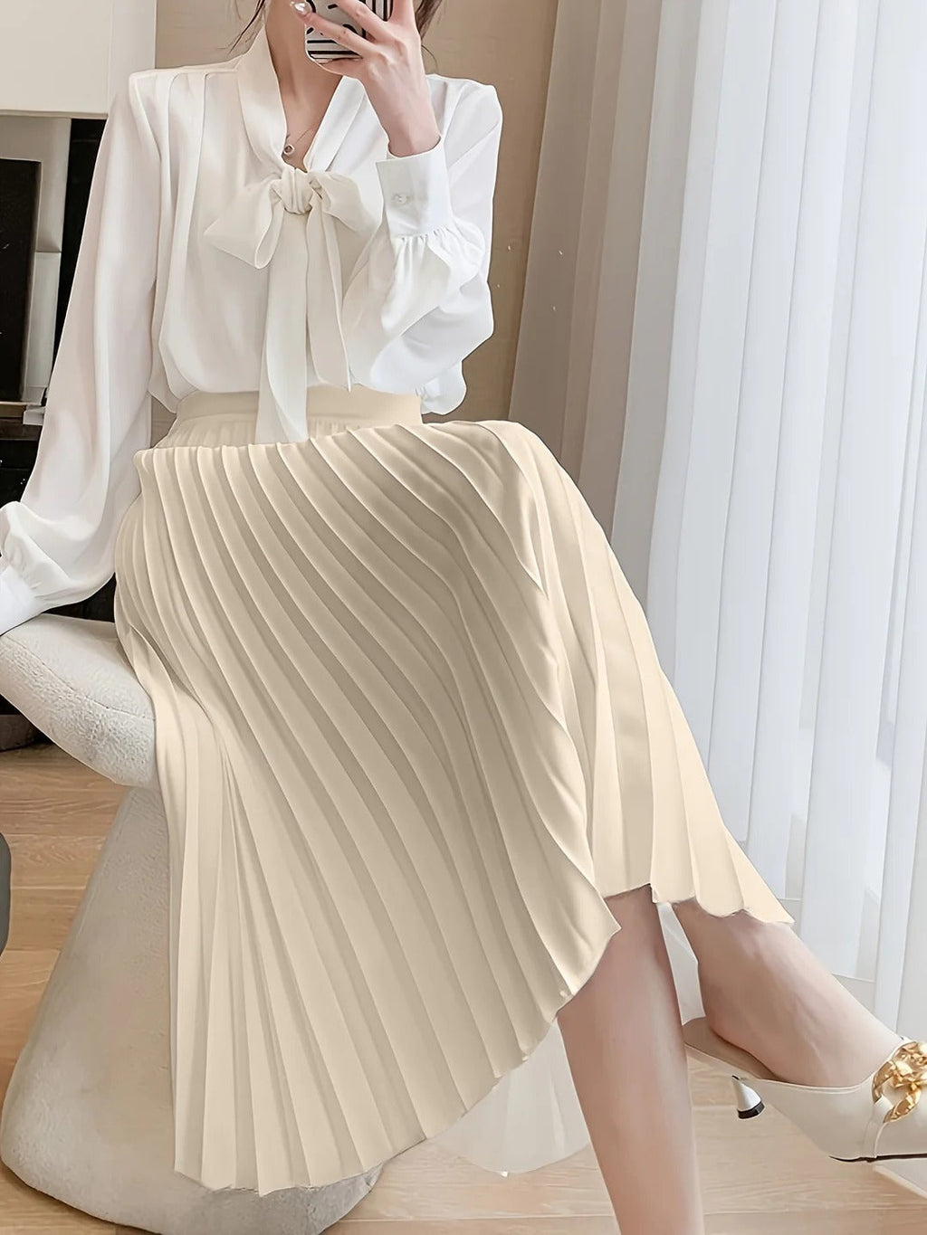 SUENTA Damen Midirock Plissierte Satinrock Alltagsoutfit Zeitlose Eleganz