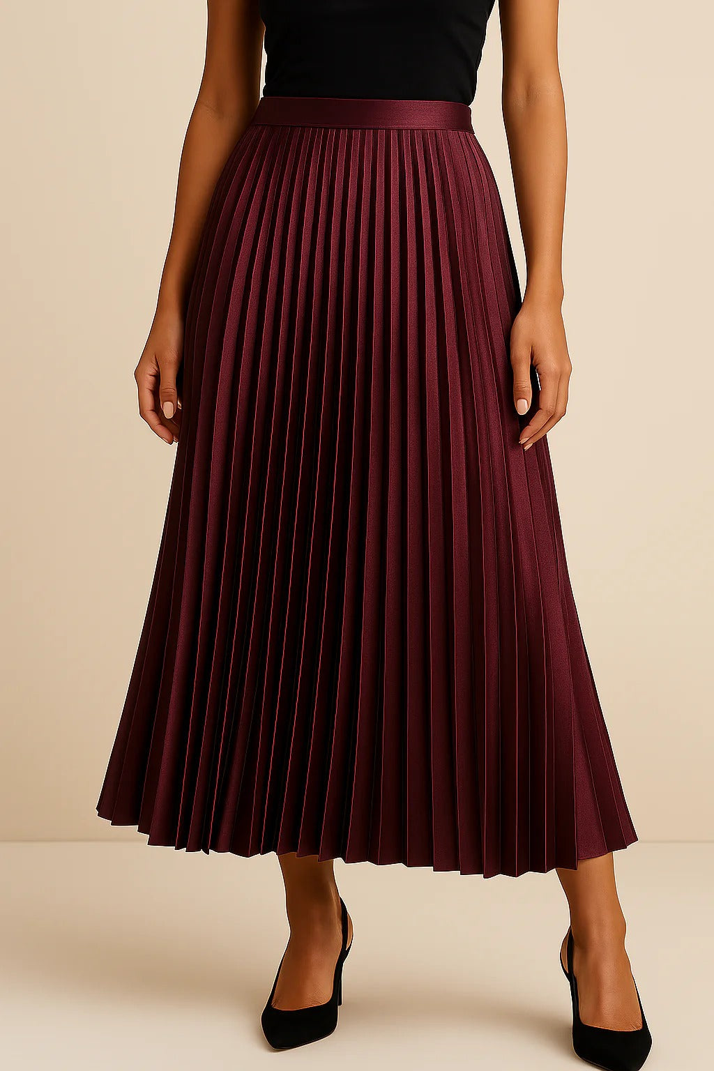 SUENTA Damen Midirock Plissierte Satinrock Alltagsoutfit Zeitlose Eleganz Bordeaux
