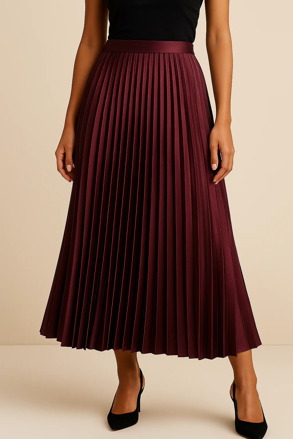 SUENTA Damen Midirock Plissierte Satinrock Alltagsoutfit Zeitlose Eleganz Bordeaux