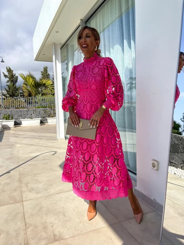 SUENTA Midikleid Aus Spitze Mit Aufwendigen Spitzendetails Hohen Ausschnitt Puffärmeln Rosa