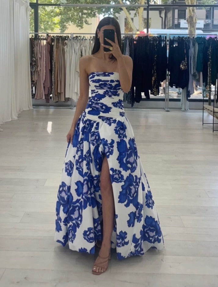 SUENTA Damen Blumen-Maxikleid Trägerlos – Ausdrucksstarkes Muster