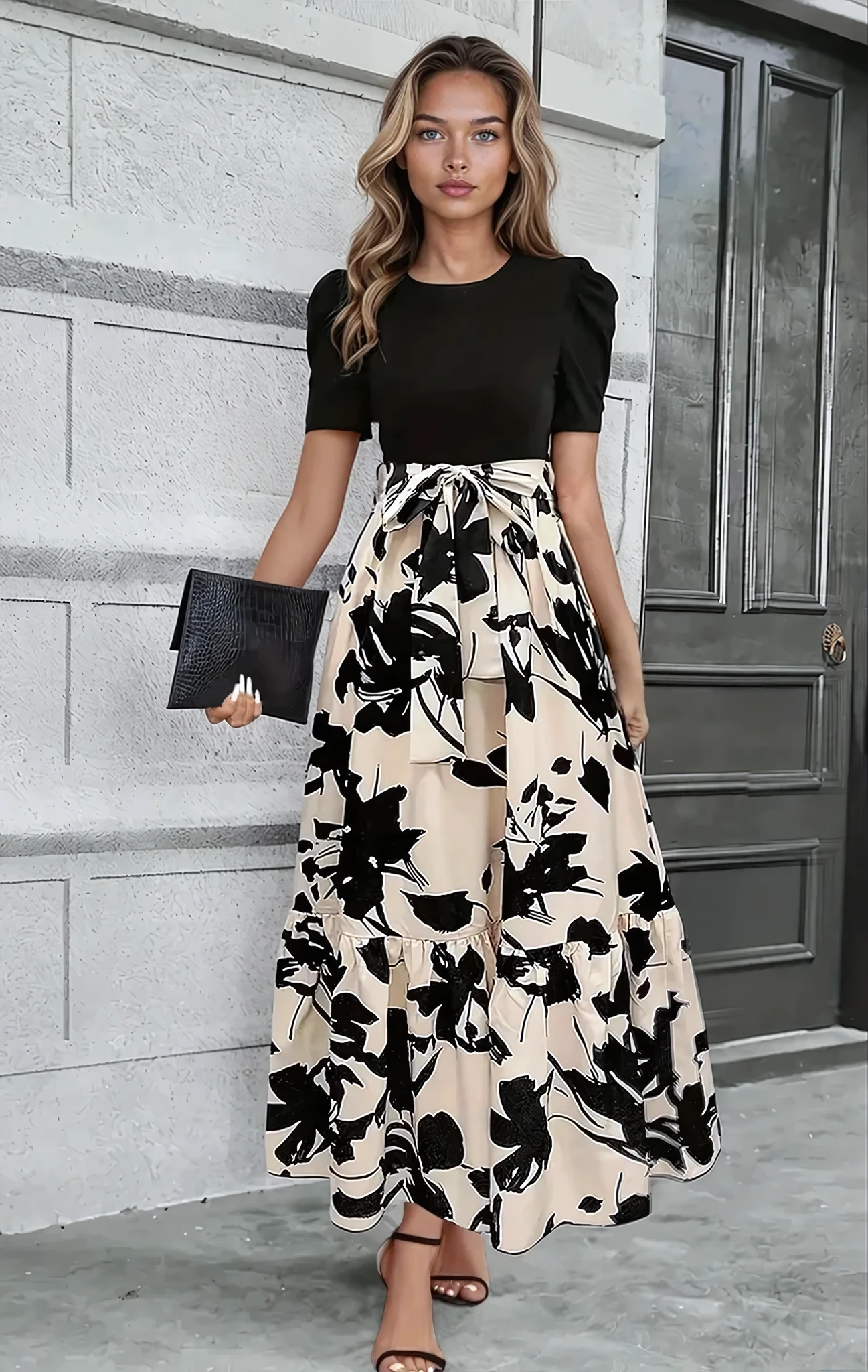 SUENTA Damen Maxikleid mit Schleife – Elegant & Modern Schwarz