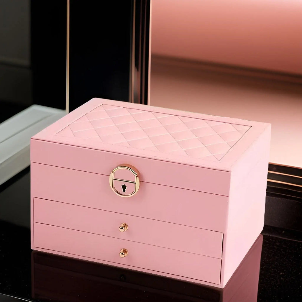 SUENTA Schmuckbox Mehrschichtige Aus Hochwertigem PU-Leder Geräumige Fächer Rosa