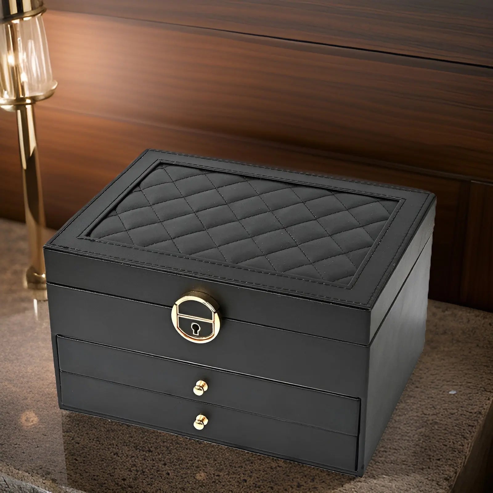 SUENTA Schmuckbox Mehrschichtige Aus Hochwertigem PU-Leder Geräumige Fächer Schwarz