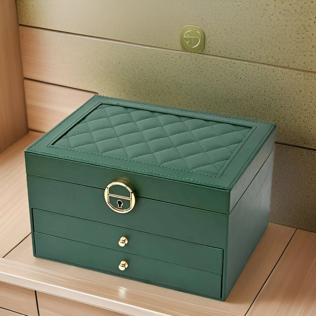 SUENTA Schmuckbox Mehrschichtige Aus Hochwertigem PU-Leder Geräumige Fächer Grün