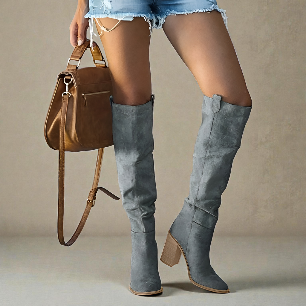 SUENTA Damen Kniehohe Lederstiefel PU Leder Elegant Vielseitig Grau