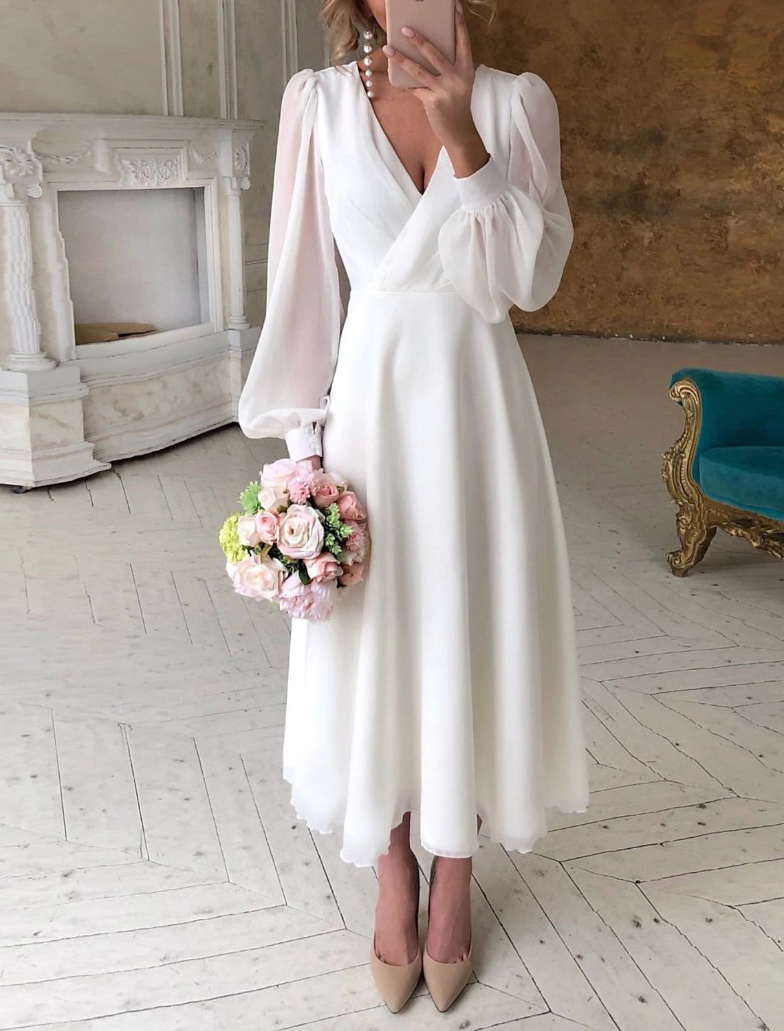 SUENTA Damen Elegant Brautkleid Midi Puffärmel Klare Silhouette Weiß