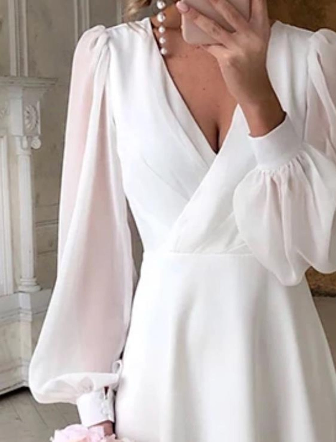 SUENTA Damen Elegant Brautkleid Midi Puffärmel Klare Silhouette