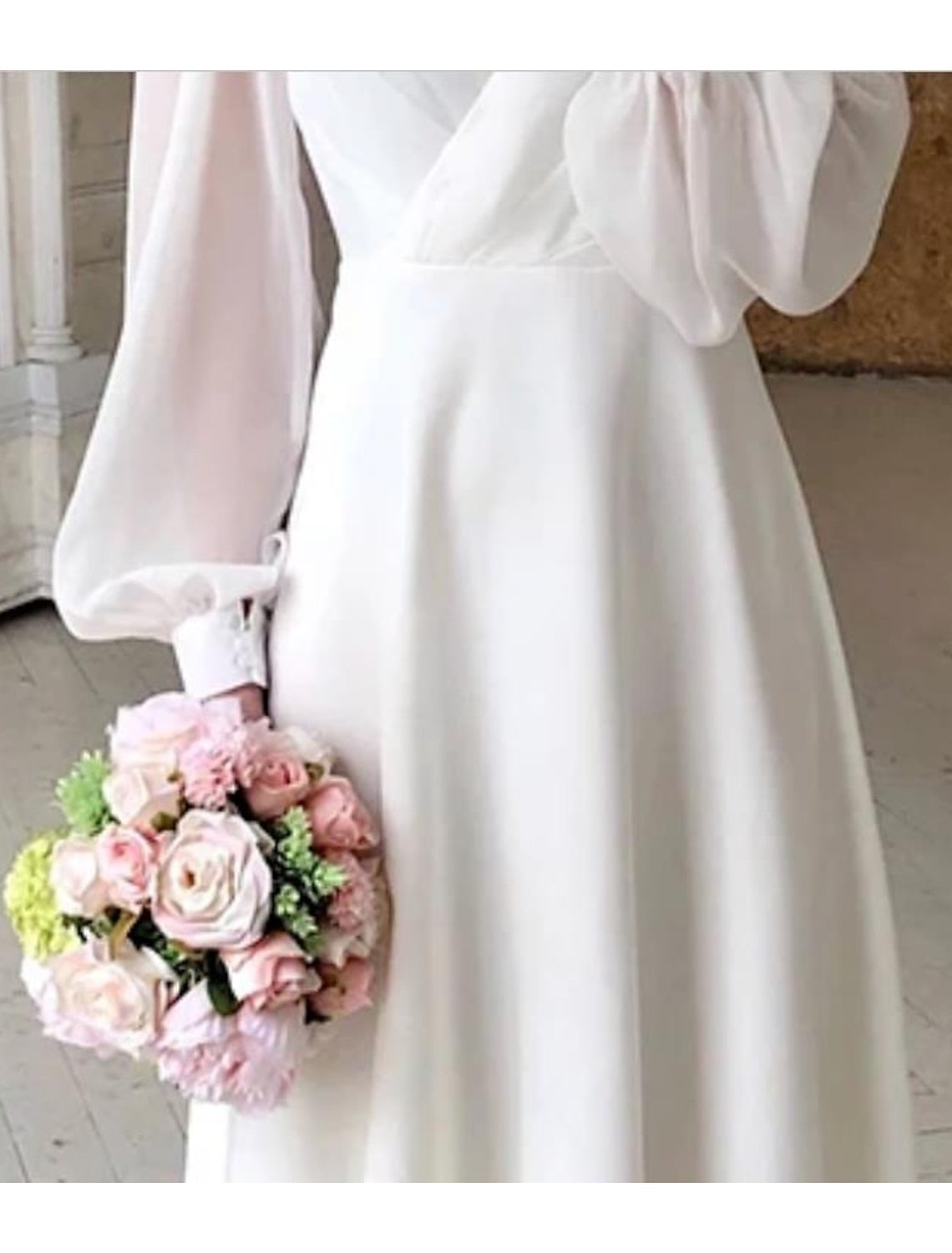 SUENTA Damen Elegant Brautkleid Midi Puffärmel Klare Silhouette