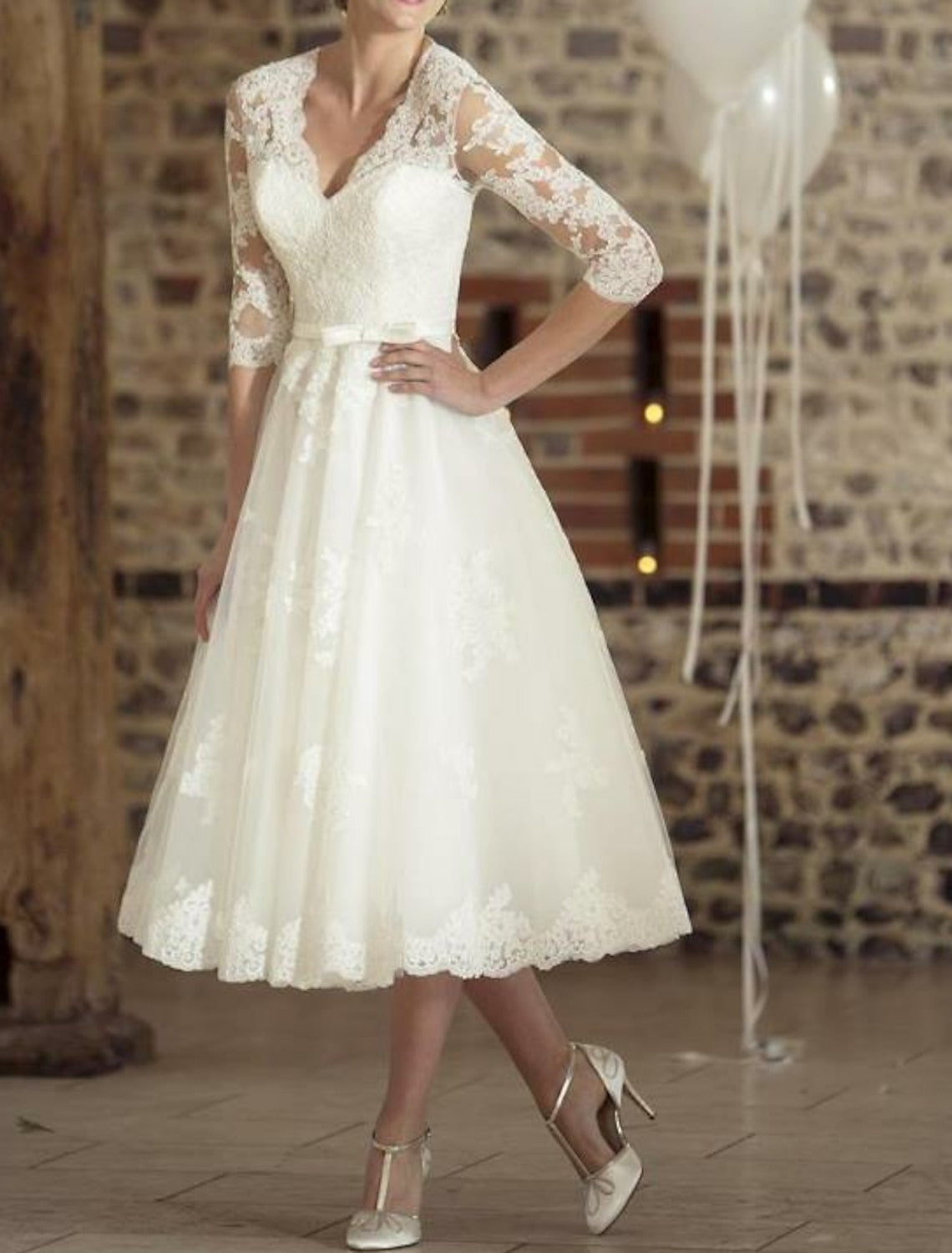 SUENTA Damen Jahrgang 3/4-Ärmeln Brautkleid Midi V-Ausschnitt Elfenbein