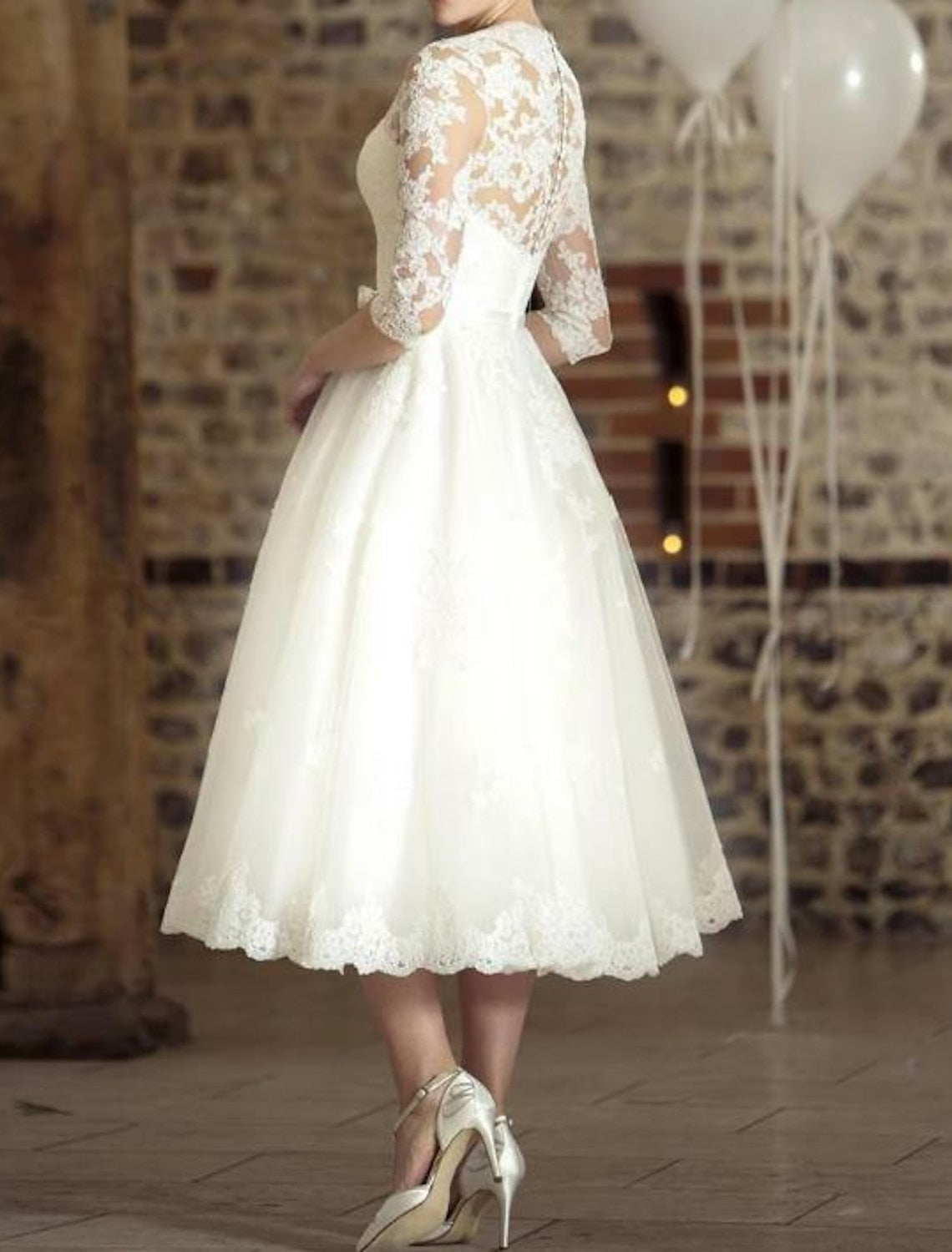 SUENTA Damen Jahrgang 3/4-Ärmeln Brautkleid Midi V-Ausschnitt