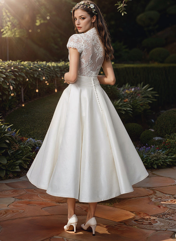SUENTA Damen Elegante V-Ausschnitt Brautkleid Midilänge Look