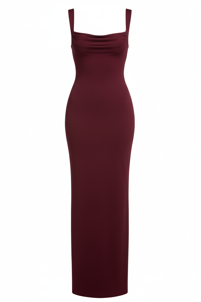 SUENTA Damen Maxikleid Kirschlack mit eckigen Ausschnitt Plissiertes Oberteil