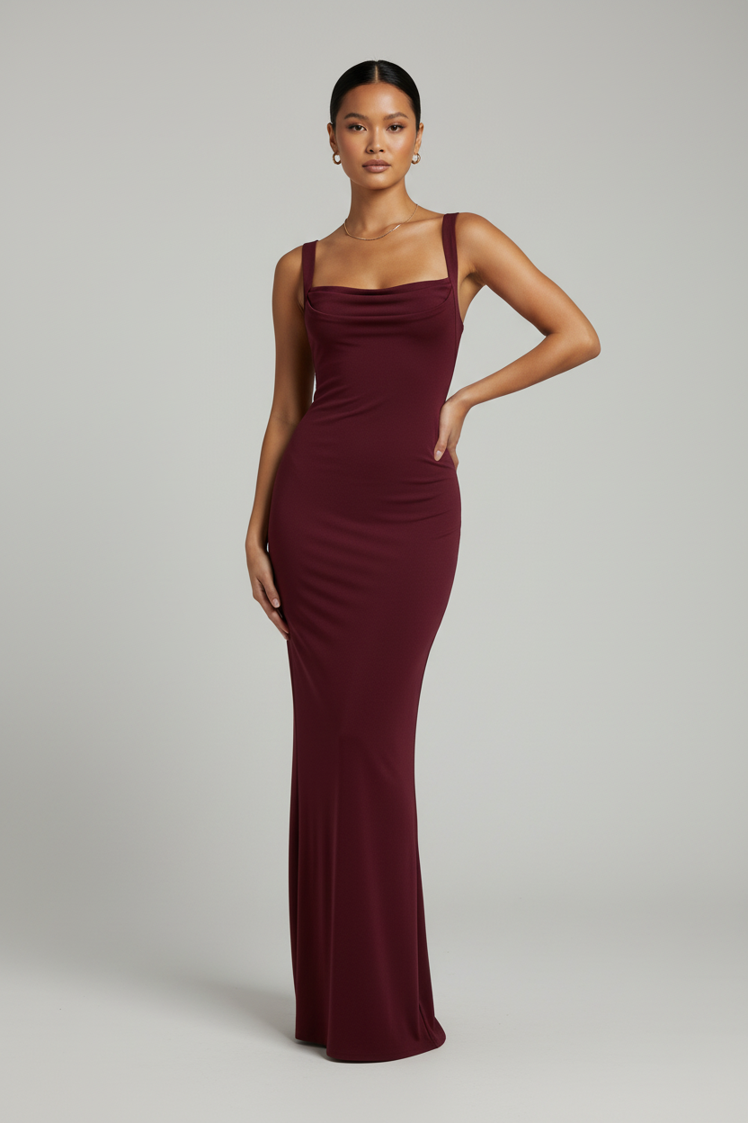 SUENTA Damen Maxikleid Kirschlack mit eckigen Ausschnitt Plissiertes Oberteil