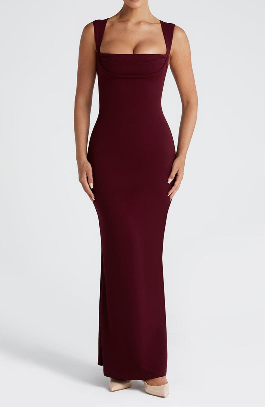 SUENTA Damen Maxikleid Kirschlack mit eckigen Ausschnitt Plissiertes Oberteil