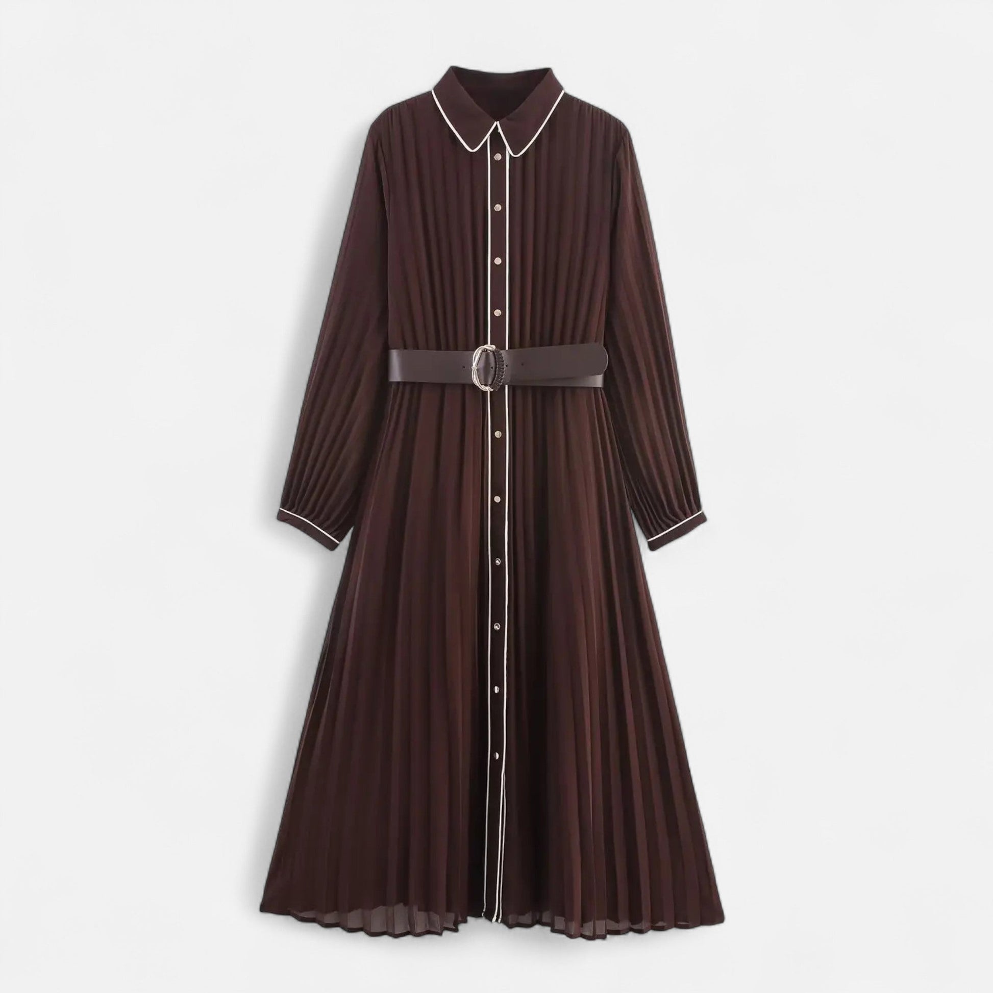 SUENTA Damen Chiffon-Midikleid Plissiert – Umlegekragen & Taillengürtel Braun