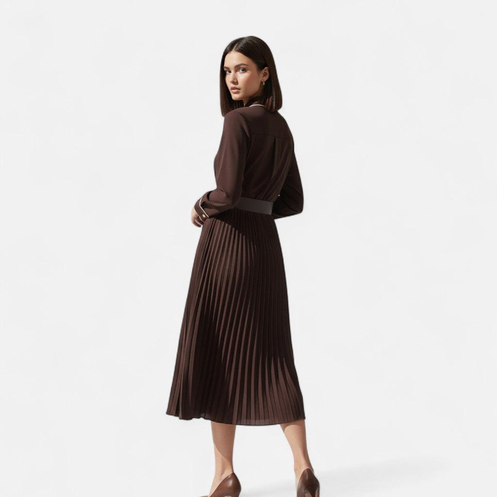SUENTA Damen Chiffon-Midikleid Plissiert – Umlegekragen & Taillengürtel