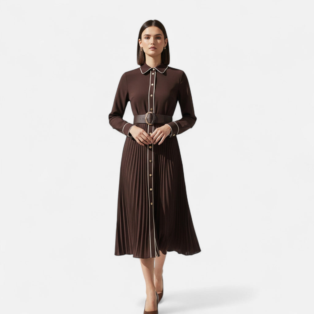 SUENTA Damen Chiffon-Midikleid Plissiert – Umlegekragen & Taillengürtel