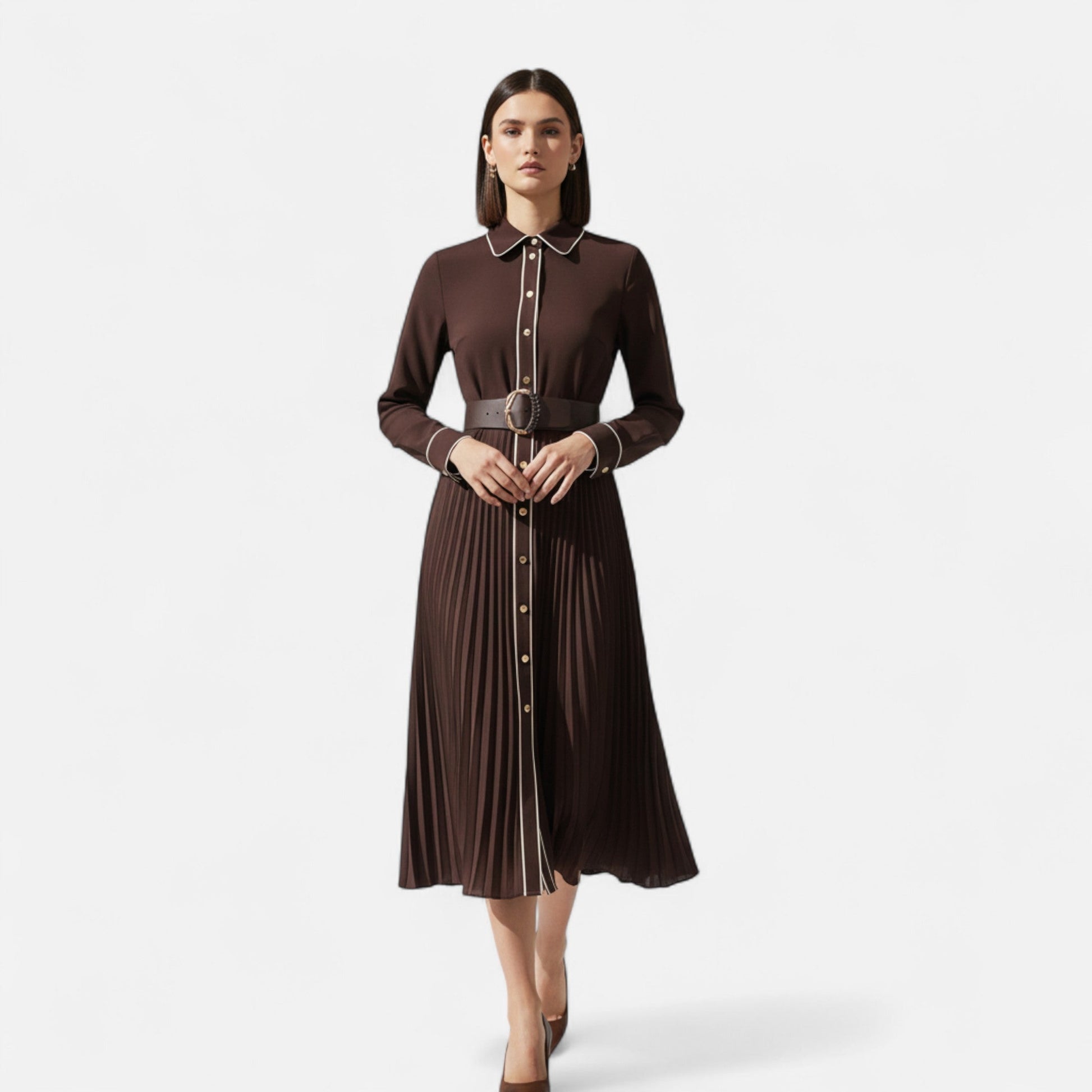 SUENTA Damen Chiffon-Midikleid Plissiert – Umlegekragen & Taillengürtel