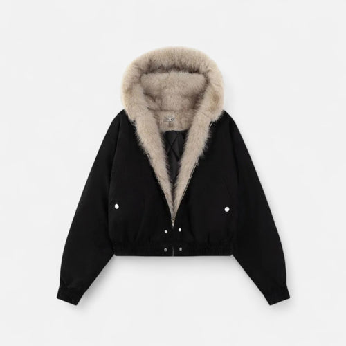 SUENTA Damen Wintermantel Vintage – Pelzkragen & Kapuze Schwarz