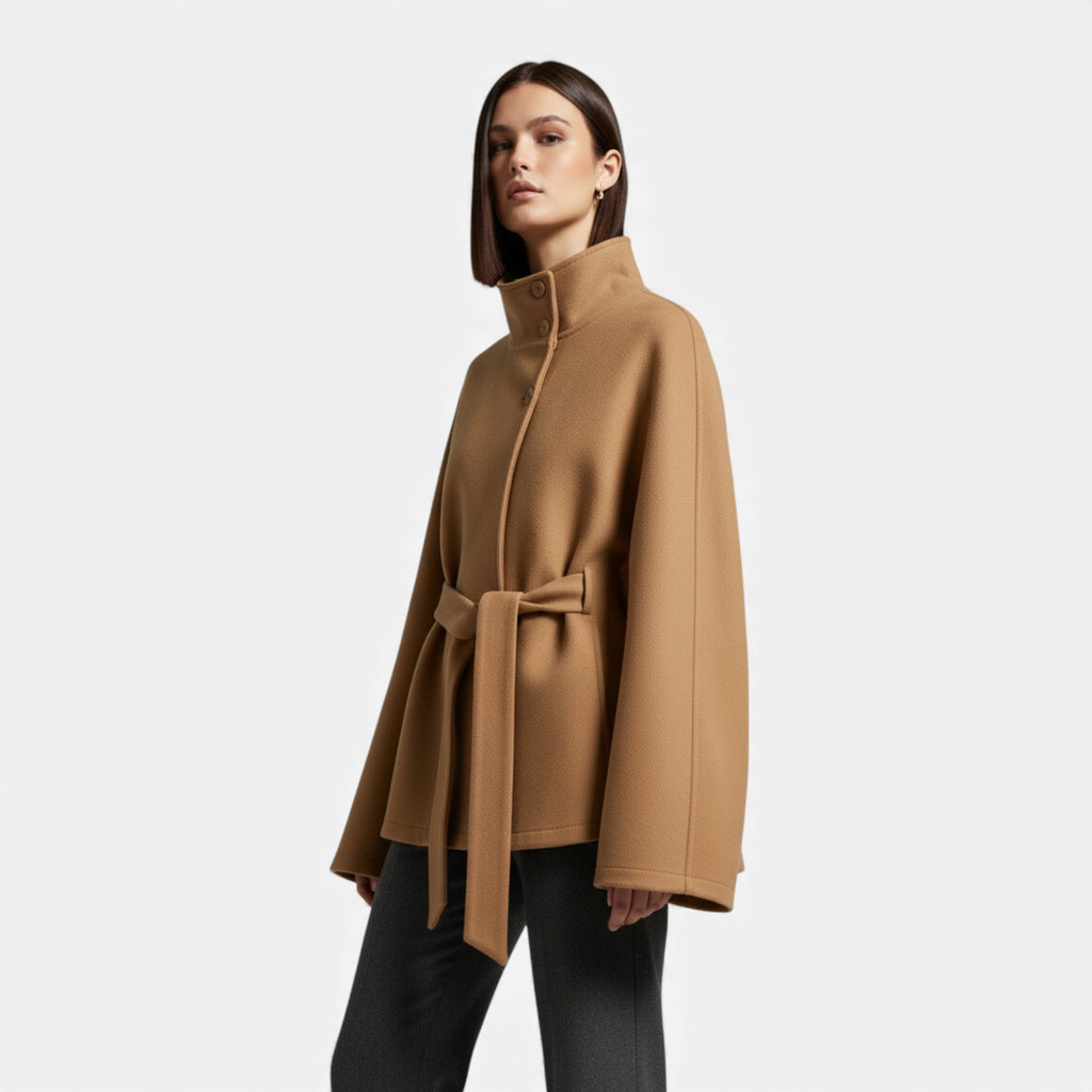 SUENTA Damen Cape-Mantel Kurz – Mit Gürtel & Fließende Silhouette