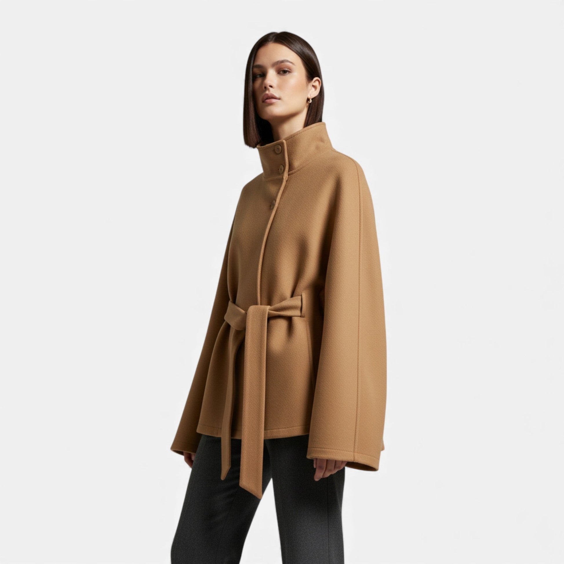 SUENTA Damen Cape-Mantel Kurz – Mit Gürtel & Fließende Silhouette