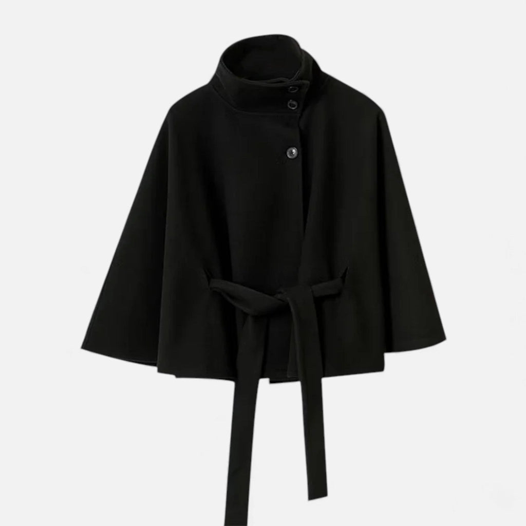 SUENTA Damen Cape-Mantel Kurz – Mit Gürtel & Fließende Silhouette Schwarz